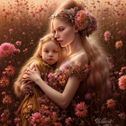 Woman and child in golden attire hugging among vibrant flowers