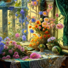 Colorful still life painting with fruits and flowers on table by open window