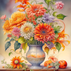 Assorted flowers in glass vase with peaches on soft-focus background