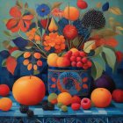 Colorful still-life painting with flowers, fruits, and foliage