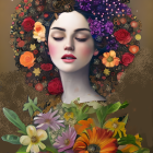 Colorful Portrait of Woman with Floral Patterns and Dreamy Gaze