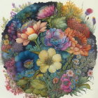 Colorful Circular Botanical Artwork with Orange, Pink, and Yellow Flowers