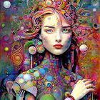 Colorful digital artwork of a woman with stylized features and intricate flora/fauna patterns