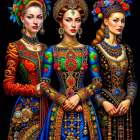 Three women in vibrant traditional dresses with intricate patterns and jewelry on dark background.