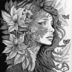 Monochromatic woman's face with intricate floral patterns