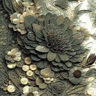 Intricate gold, blue, and bronze floral tapestry design