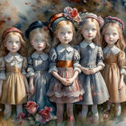 Five porcelain dolls in floral headpieces and vintage dresses on floral backdrop