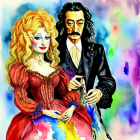 Colorful illustration of flamboyant couple in elegant costumes with curly-haired woman and masked man