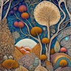 Colorful Stylized Forest Artwork with Detailed Trees and Patterns