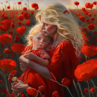 Woman and child with flower crowns in red cloaks amid lush flowers