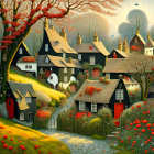 Colorful Illustration: Whimsical Village with Cottages, Gardens, Pond, Trees