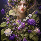 Illustrated woman in serene nature setting with closed eyes and vibrant flowers.