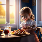 Young girl in vintage dress spreading jam on waffle at rustic table by sunny window