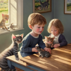 Young children and kittens in sunny room playing together