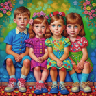 Four Children Sitting on Bench Amid Flowers in Vintage Clothes