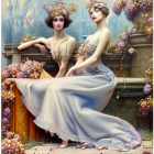 Two women in elegant gowns by floral backdrop with castle - fairytale elegance