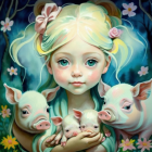 Colorful digital artwork: girl with blue eyes, multicolored hair, holding piglets in mystical