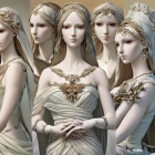 Ethereal female figures in golden crowns and jewelry wearing off-shoulder gowns