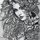 Detailed floral patterns surround woman's face in illustration