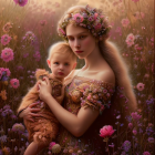 Digital painting of young woman and child in flower field with floral crowns