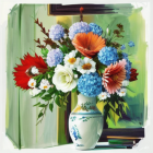 Colorful Flower Vase Artwork on Green Background