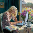 Blonde woman working on laptop at cozy table with tea cup, flowers, and candle