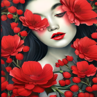 Stylized portrait of a woman with red flowers and leaves, featuring prominent red lips.