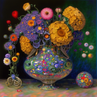 Colorful flowers and fruits in glass bowl still-life image