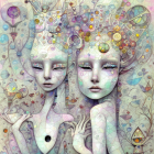 Colorful Stylized Image of Two Serene Faces with Elaborate Headdresses and Floral Mot