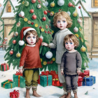 Illustration of children, floating woman's face, dog, rabbit near Christmas tree