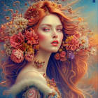 Vibrant illustration of woman with flowing red hair and colorful parrots