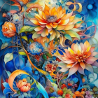 Colorful floral artwork on blue background: fantasy botanical scene