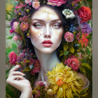 Woman in vibrant flower surroundings with gold face accents.