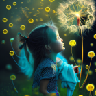 Profile of young girl with long hair among glowing dandelions on dark backdrop