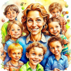 Colorful Illustration: Smiling Woman with Seven Joyful Children