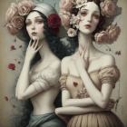 Ethereal women in elaborate floral headpieces and ornate dresses with a fluffy creature.