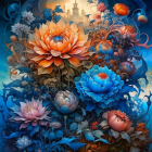 Colorful surreal flower artwork in orange, blue, and purple on teal background