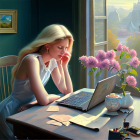 Woman at desk with laptop, wine, and flowers by window