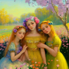 Ethereal vintage artwork of three women and a child in whimsical landscape