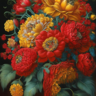 Colorful digital artwork: Stylized flowers in red, orange, and yellow on dark backdrop