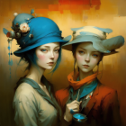 Ethereal women in blue hats and golden hues against dreamlike backdrop