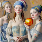 Three women in blue dresses with golden orb in dreamy, blossom-filled backdrop