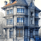 Victorian-style mansion with blue and grey stonework in mystical forest