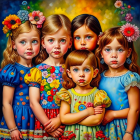 Five children in colorful clothing amid vibrant flora and fauna