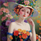 Digital Artwork: Woman with Red Lips and Flower-Adorned Hat