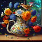 Colorful floral pitcher against stained-glass backdrop