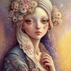 Surreal portrait of a woman with floral hair and swirling patterns