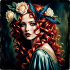 Blue-skinned woman with red roses, blue butterfly, and starry background in fantastical art style