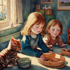 Two girls with closed eyes at a table with pancakes and strawberries, accompanied by a cat in a cozy