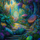 Fantastical forest scene with luminescent mushrooms and serene pond